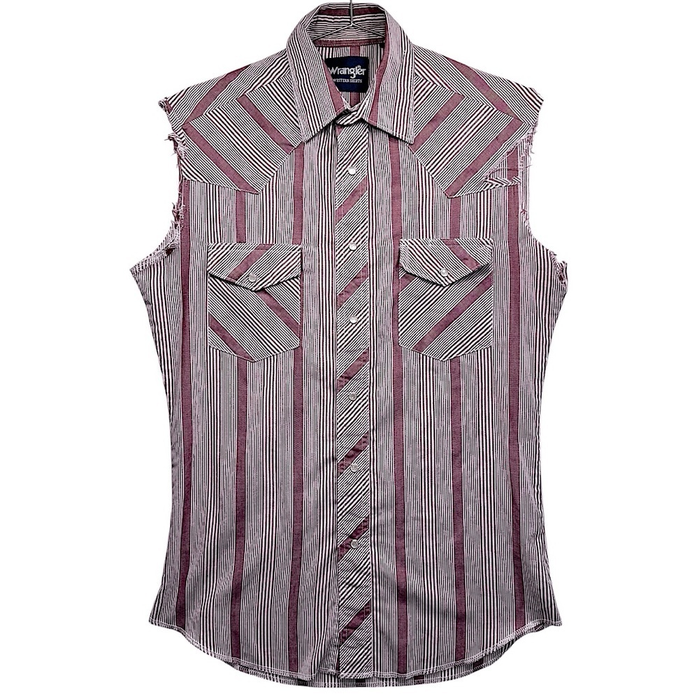 Wrangler Striped Western Shirt with Sleeves Ripped Off Pearl Snaps Thrashed Grit
